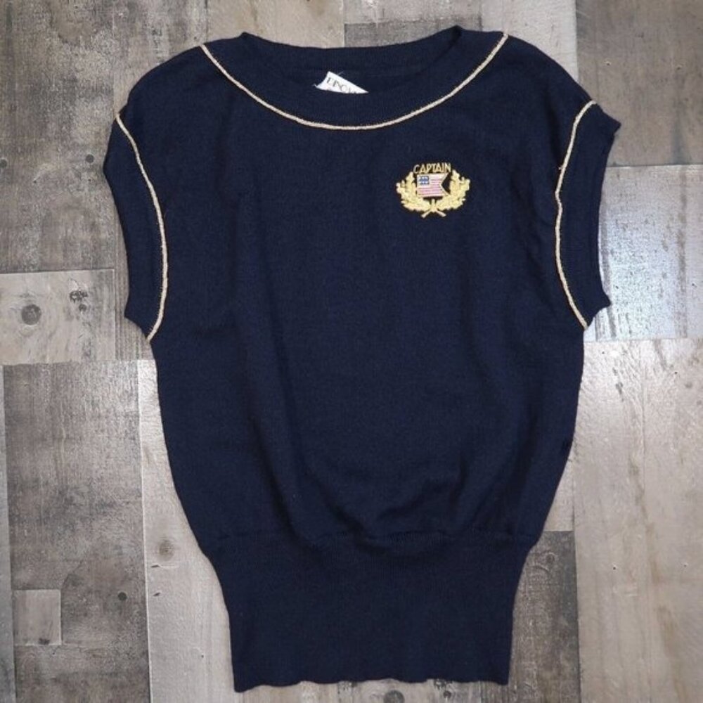 Dino Valiano Size 38 Wool Blue Sleeveless "Captain" Sweater Gold Piping Germany